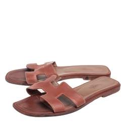 Pre Owned Hermes Brown Leather Oran Flats Size 37.5
