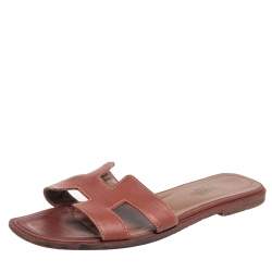 Pre Owned Hermes Brown Leather Oran Flats Size 37.5