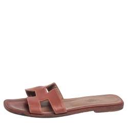 Pre Owned Hermes Brown Leather Oran Flats Size 37.5