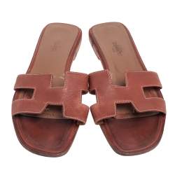 Pre Owned Hermes Brown Leather Oran Flats Size 37.5