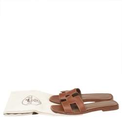 Pre Owned Hermes Brown Leather Oran Flats Sandals Size 34