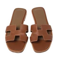 Pre Owned Hermes Brown Leather Oran Flats Sandals Size 34
