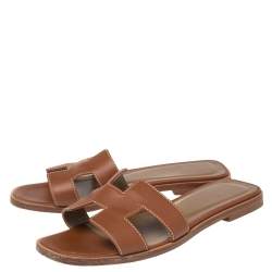 Pre Owned Hermes Brown Leather Oran Flats Sandals Size 34
