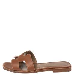 Pre Owned Hermes Brown Leather Oran Flats Sandals Size 34