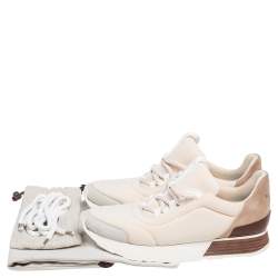 Pre Owned Hermes Cream/Grey Fabric And Suede Miles Lace Up Sneakers Size 38