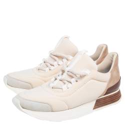 Pre Owned Hermes Cream/Grey Fabric And Suede Miles Lace Up Sneakers Size 38