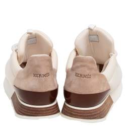 Pre Owned Hermes Cream/Grey Fabric And Suede Miles Lace Up Sneakers Size 38