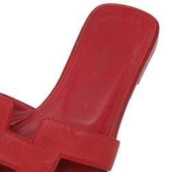 Pre Owned Hermes Red Leather Oran Flat Slides Size 36
