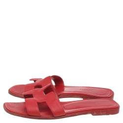 Pre Owned Hermes Red Leather Oran Flat Slides Size 36