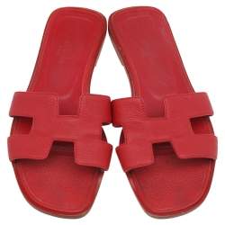Pre Owned Hermes Red Leather Oran Flat Slides Size 36