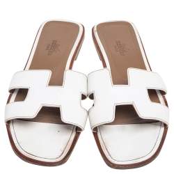 Pre Owned Hermes White Leather Oran Flat Sandals 37