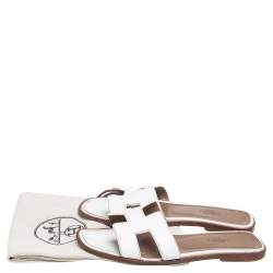 Pre Owned Hermes White Leather Oran Flat Sandals 37