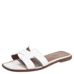 Pre Owned Hermes White Leather Oran Flat Sandals 37