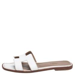 Pre Owned Hermes White Leather Oran Flat Sandals 37