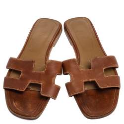 Pre Owned Hermes Brown Leather Oran Flats Sandals Size 41