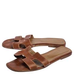 Pre Owned Hermes Brown Leather Oran Flats Sandals Size 41