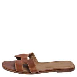 Pre Owned Hermes Brown Leather Oran Flats Sandals Size 41