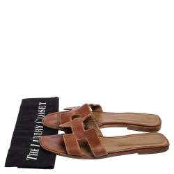 Pre Owned Hermes Brown Leather Oran Flats Sandals Size 41