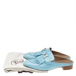 Pre Owned Hermes Blue Leather Rivoli Mules Size 39