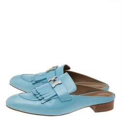 Pre Owned Hermes Blue Leather Rivoli Mules Size 39