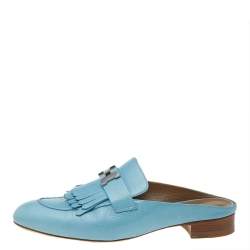 Pre Owned Hermes Blue Leather Rivoli Mules Size 39
