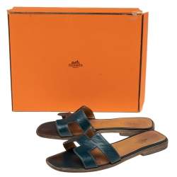 Pre Owned Hermes Navy Blue Leather Oran Flat Sandals 38