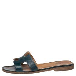 Pre Owned Hermes Navy Blue Leather Oran Flat Sandals 38