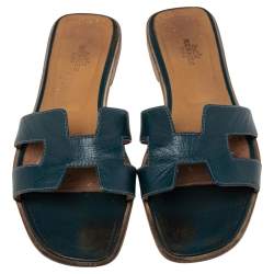 Pre Owned Hermes Navy Blue Leather Oran Flat Sandals 38