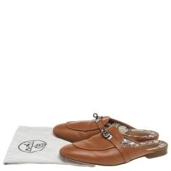 Pre Owned Hermes Brown Leather Leather Palladium Plated Oz Mules Size 39