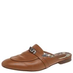 Pre Owned Hermes Brown Leather Leather Palladium Plated Oz Mules Size 39