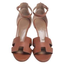مملوكة مسبقًا Hermes Brown Leather Legend Wedge Ankle Strap Sandals Size 36