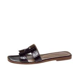 Pre Owned Hermes Purple Croc Patent Leather Embossed Oran Flat Sandals 39