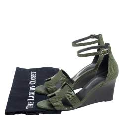 Pre Owned Hermes Green Lizard Leather Legend Wedge Ankle Strap Sandals Size 37