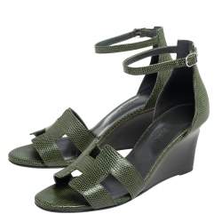 Pre Owned Hermes Green Lizard Leather Legend Wedge Ankle Strap Sandals Size 37