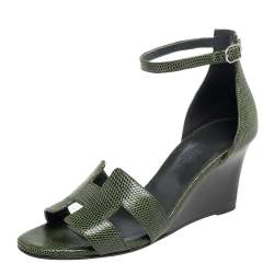 Pre Owned Hermes Green Lizard Leather Legend Wedge Ankle Strap Sandals Size 37
