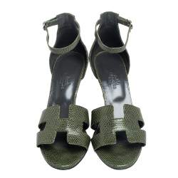 Pre Owned Hermes Green Lizard Leather Legend Wedge Ankle Strap Sandals Size 37
