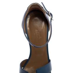 Pre Owned Hermès Teal Leather Legend Wedge Ankle Strap Sandals Size 37