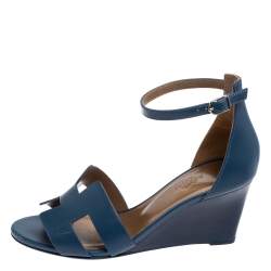 Pre Owned Hermès Teal Leather Legend Wedge Ankle Strap Sandals Size 37
