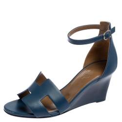 Pre Owned Hermès Teal Leather Legend Wedge Ankle Strap Sandals Size 37