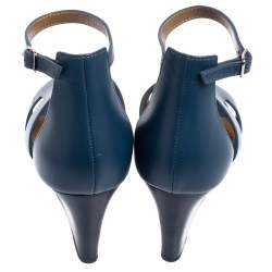 Pre Owned Hermès Teal Leather Legend Wedge Ankle Strap Sandals Size 37