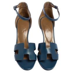 Pre Owned Hermès Teal Leather Legend Wedge Ankle Strap Sandals Size 37