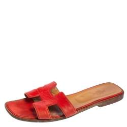 Pre Owned Hermes Red Leather Oran Sandals Size 39.5