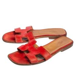 Pre Owned Hermes Red Leather Oran Sandals Size 39.5