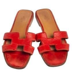 Pre Owned Hermes Red Leather Oran Sandals Size 39.5