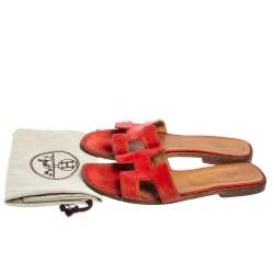 Pre Owned Hermes Red Leather Oran Sandals Size 39.5