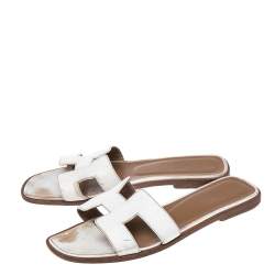 Pre Owned Hermes White Leather Oran Flats Sandals Size 37.5