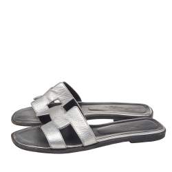 Hermes Sliver Leather Oran Flat Sandals Size 37