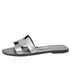 Hermes Sliver Leather Oran Flat Sandals Size 37