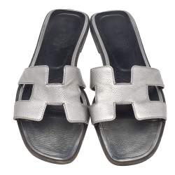 Hermes Sliver Leather Oran Flat Sandals Size 37