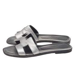 Hermes Sliver Leather Oran Flat Sandals Size 37